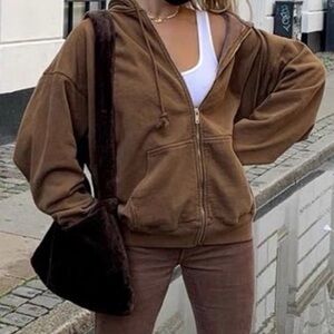 Y2k Brandy Melville womens Chocolate Zip-Up hooded oversized jacket